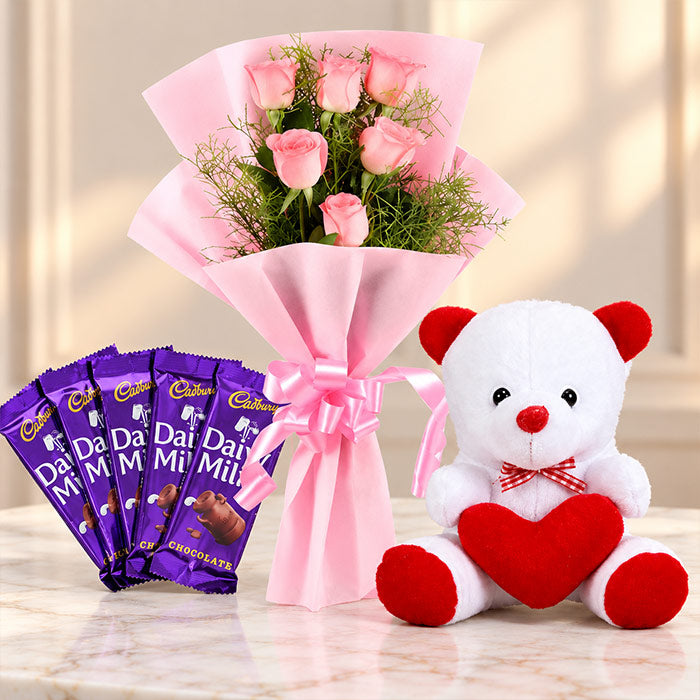 Pink Roses Bouquet with Teddy & Cadbury Dairy Milk Chocolates