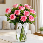 Pink Roses Vase with 12 Roses & Green Leaves customer review image