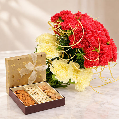 Pink & Yellow Carnation Bouquet with 500g Mixed Dry Fruits