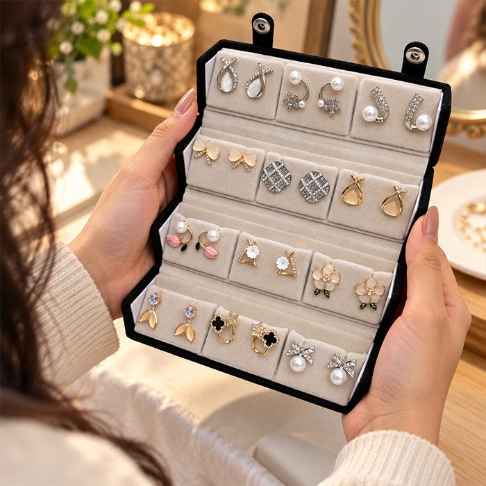 Premium 12 Pair Designer Earrings Collection in Multi-Tone Jewelry Organizer Box