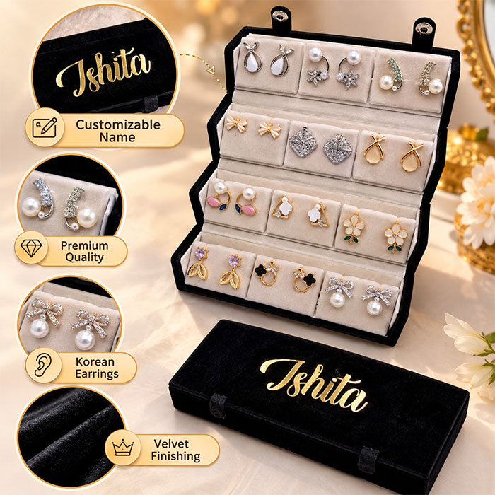 Premium 12 Pair Designer Earrings Collection in Multi-Tone Jewelry Organizer Box