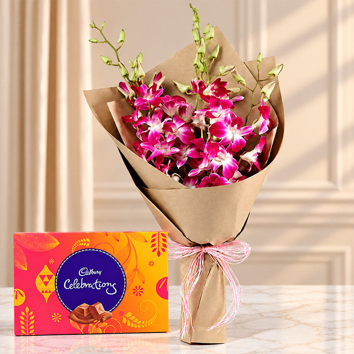 Purple Orchid Bouquet with Cadbury Celebration Chocolate Pack