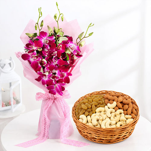 Purple Orchid Bouquet with Half Kg Mixed Dry Fruits Basket Diwali Gifts in amritsar