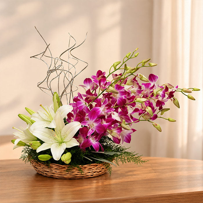 Purple Orchid & White Asiatic Lily Basket Arrangement