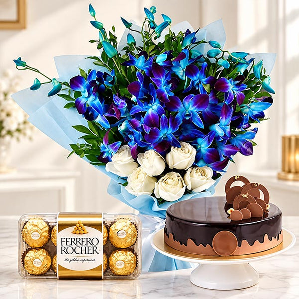 Purple Orchid & White Rose Bouquet with Truffle Cake and Ferrero Rocher