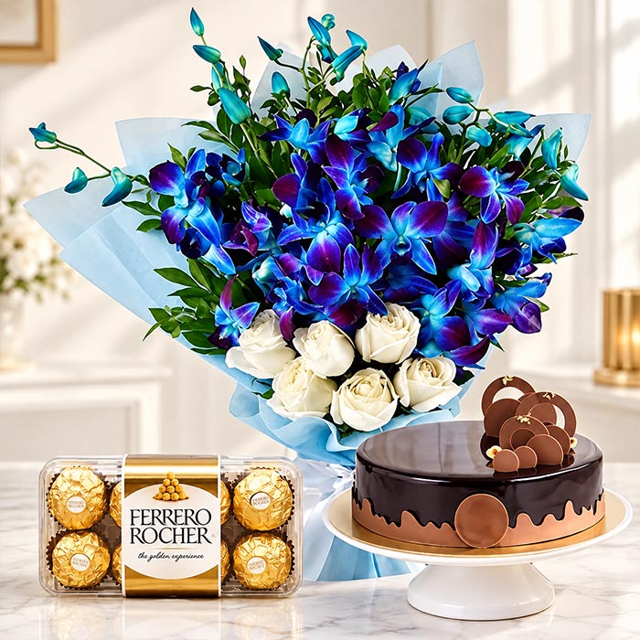 Purple Orchid & White Rose Bouquet with Truffle Cake and Ferrero Rocher