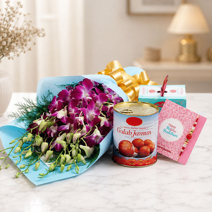 Purple Orchids Bouquet with 1 Kg Gulab Jamun & Designer Rakhi