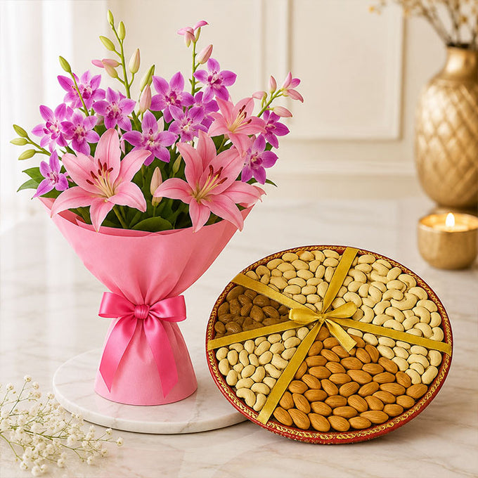 Purple Orchids & Pink Lilies Bouquet with 1kg Mix Dryfruit Basket - Orchids Gift for Men