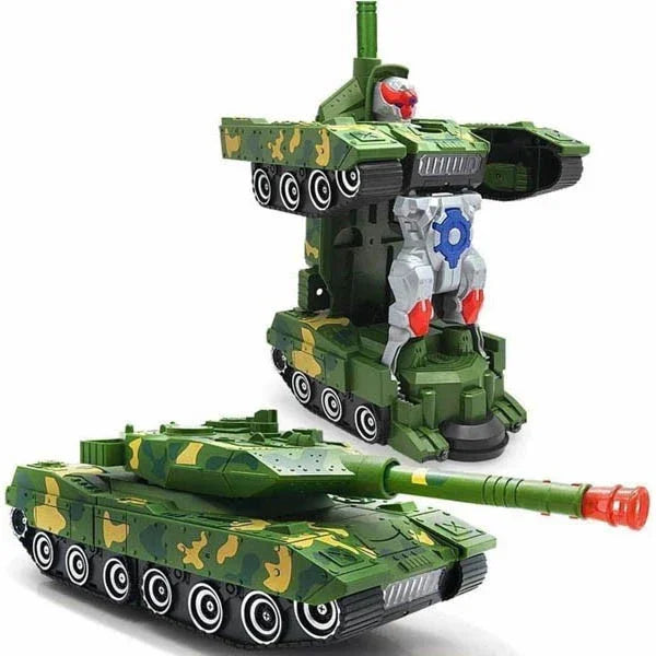 Toy tank with transforming robot mechanism on a white background