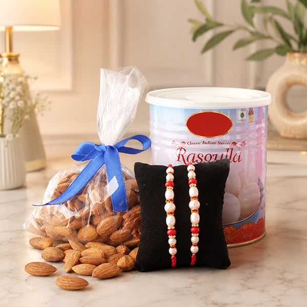 Rakhi Gift Hamper with 2 Rakhis, Almonds & 1 Kg Rasgulla