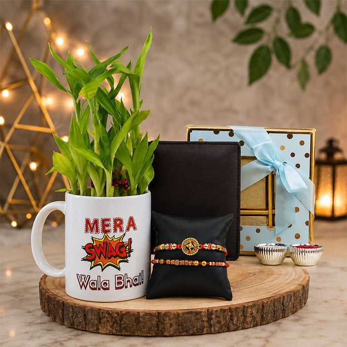 Rakhi Set Of Two With Wallet N Lucky Plant