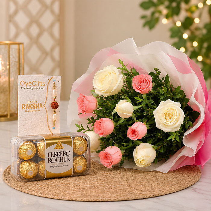 Rakhi With 10 Pink N White Roses Bouquet  N Ferrero Rocher