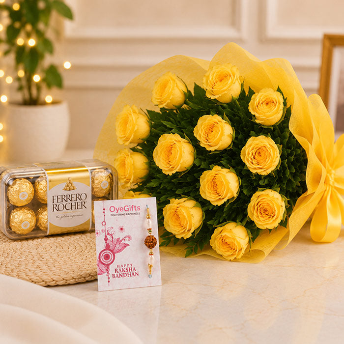 Rakhi With 12 Yellow Roses N Ferrero Rocher