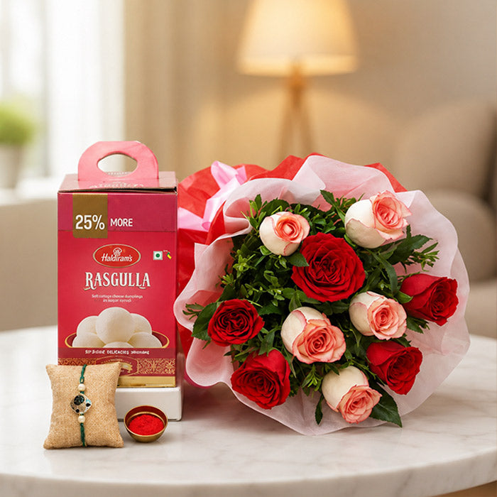 Rakhi With Ten Pink N Red Roses N Rasgulla