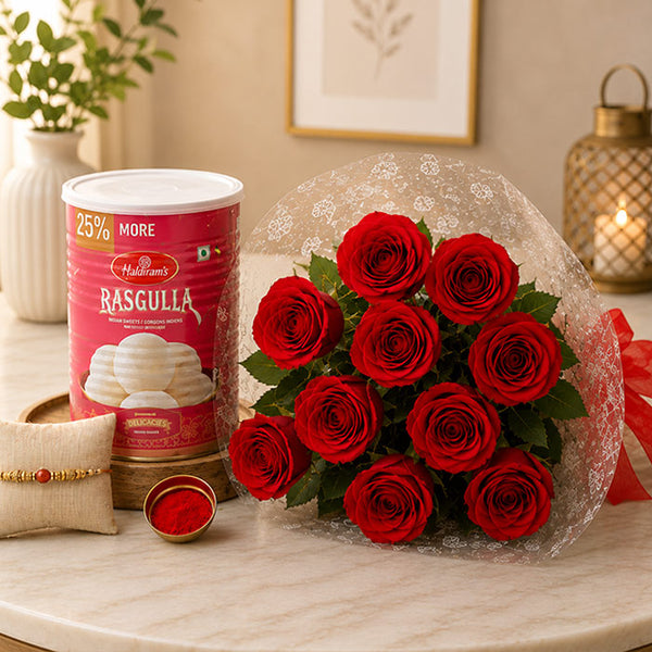 Rakhi With Ten Red Roses N Rasgulla