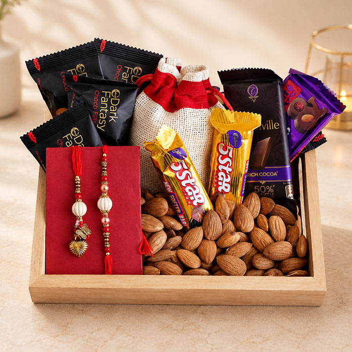 Rakhi with Dry Fruits chocolates cookies in Potli