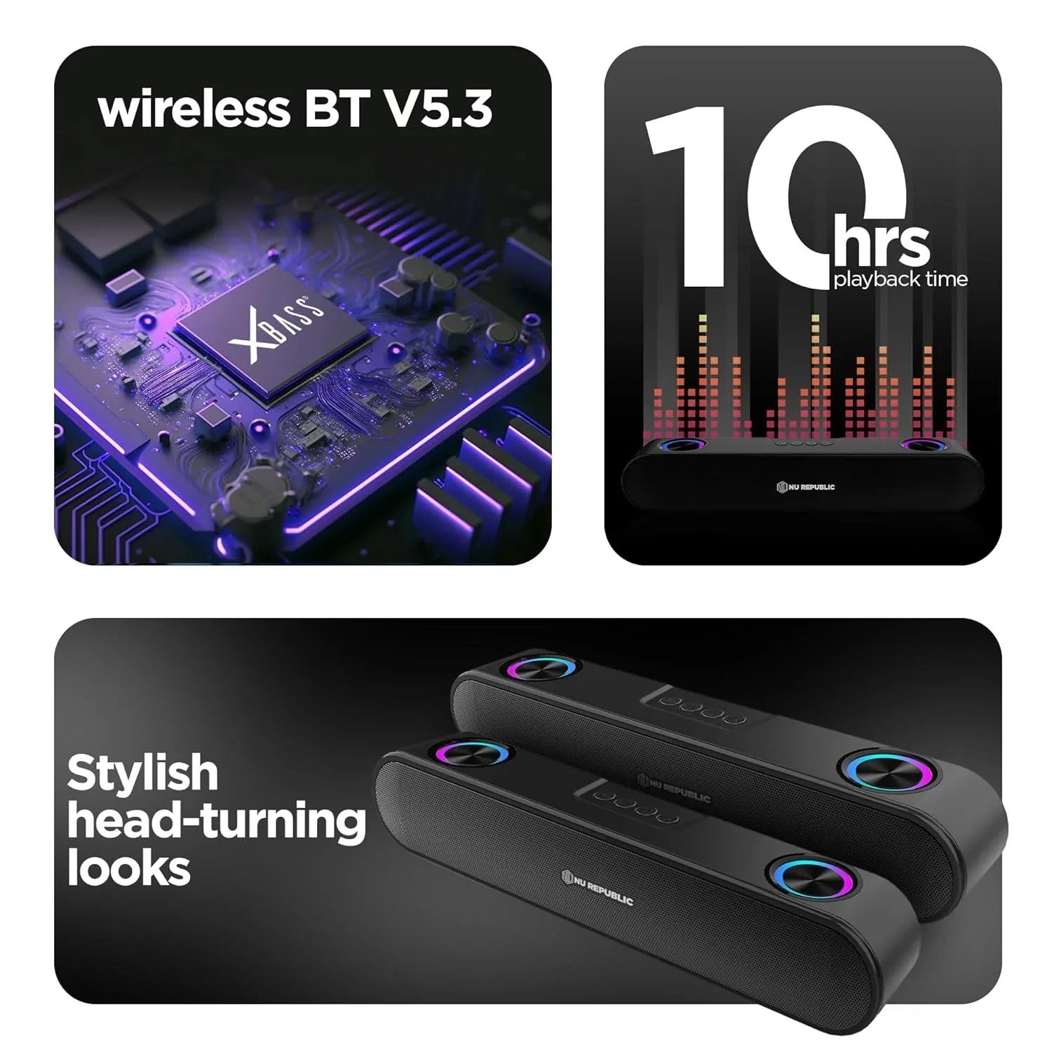 Product features including wireless BT V5.3, 10 hours playback time, and stylish design on a black background.