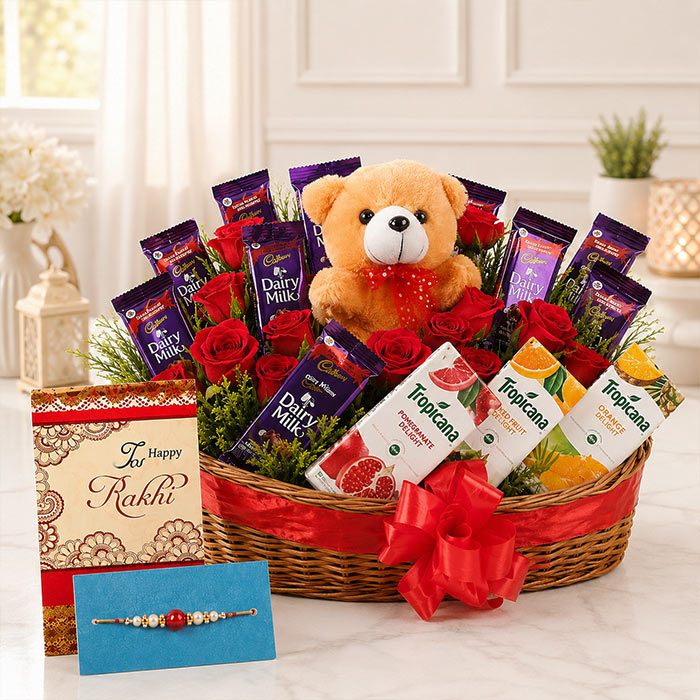 Red Rose Basket with Dairy Milk Chocolates, Teddy, Juices & Designer Rakhi