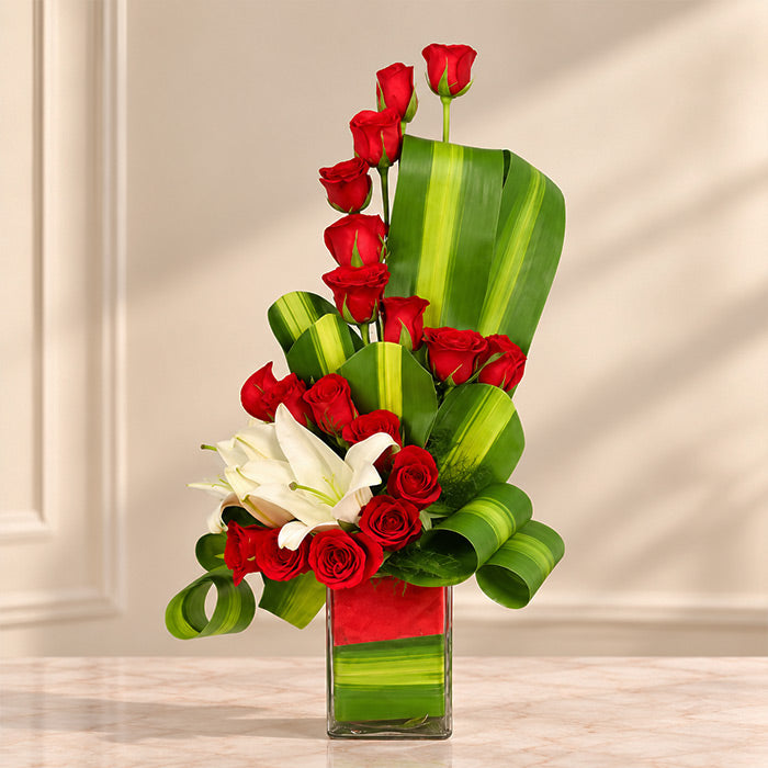 Red Rose Floral Arrangement with Glass Vase