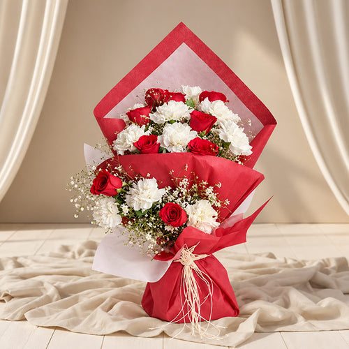 Red Rose & White Carnation Bouquet with 20 Flowers
