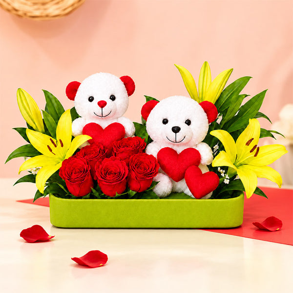 Red Roses Basket Arrangement with 2 Soft Toys & Yellow Asiatic Lilies