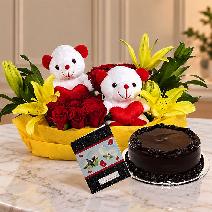 Red Roses Basket with Yellow Lilies, Soft Toys & Half Kg Chocolate Cake