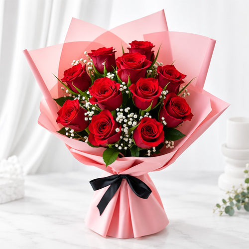 Red Roses Bouquet 10 Stems with White Seasonal Fillers