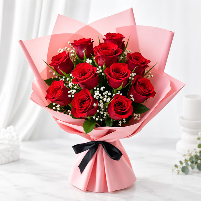 Red Roses Bouquet 10 Stems with White Seasonal Fillers