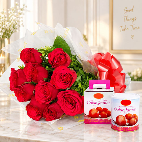Red Roses Bouquet with 1kg Gulab Jamun Tin