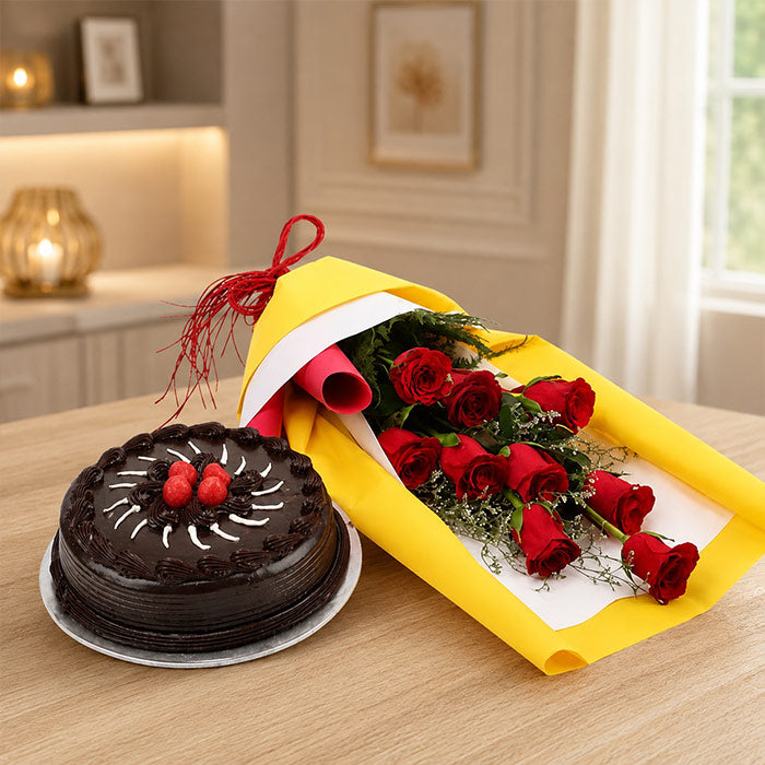 Red Roses Bouquet with 500g Truffle Cake Combo