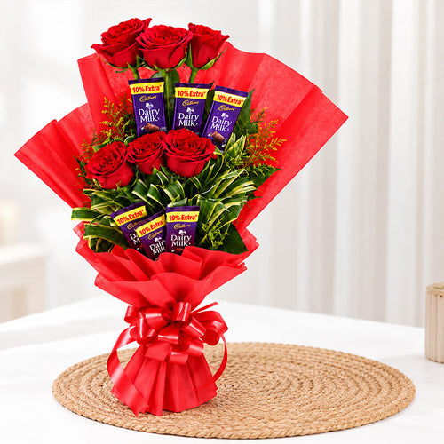 Red Roses Bouquet with 6 Cadbury Dairy Milk Chocolates