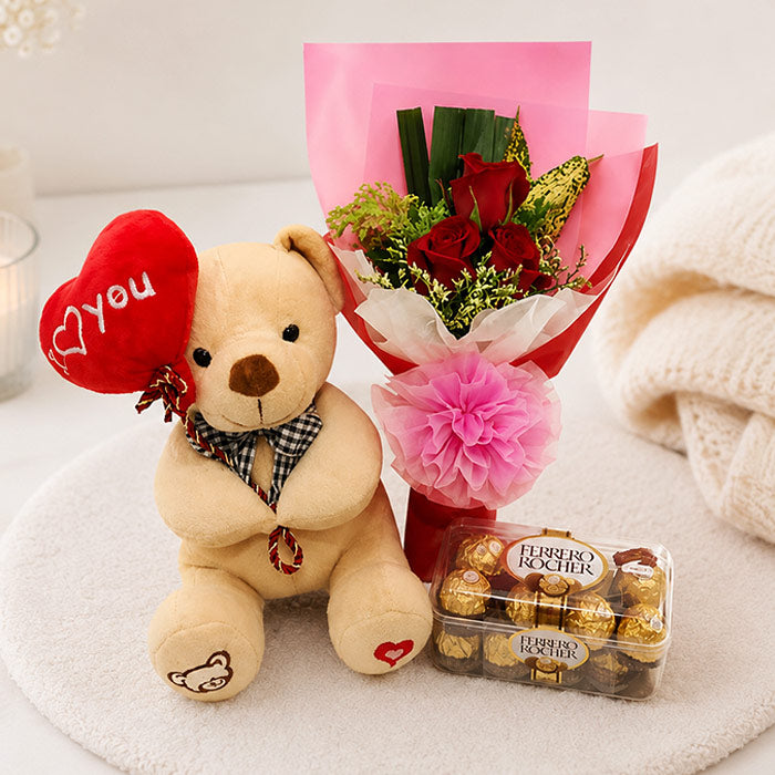 Red Roses Bouquet with Ferrero Rocher Teddy & Love Balloon