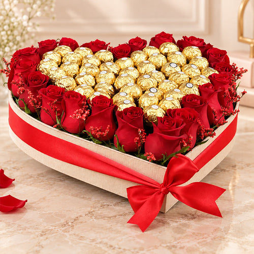 Red Roses N Ferrero In Heart Shape Wooden Box