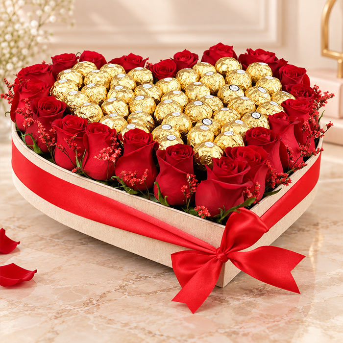 Red Roses N Ferrero In Heart Shape Wooden Box