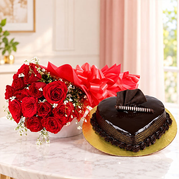 Red Roses with Heart-Shaped Truffle Cake | OyeGifts