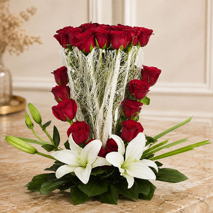 Red Roses with White Asiatic Lilies Jute Floral Arrangement