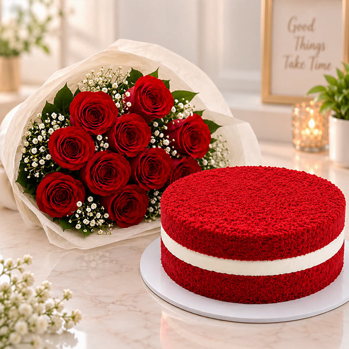 Red Velvet Cake with 10 Red Roses Bouquet
