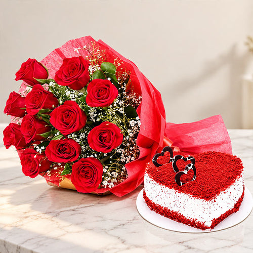 Red Velvet Heart Cake & 12 Red Roses Combo