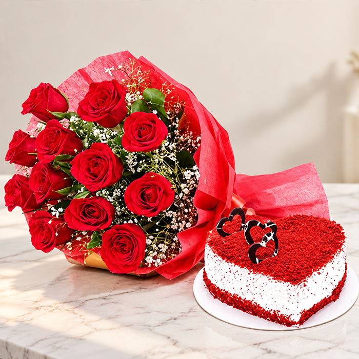 Red Velvet Heart Cake & 12 Red Roses Combo