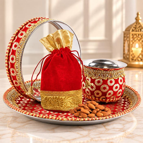Red & Golden Karwa Chauth Thali Set with Chhalni, Lota & Almond Potli