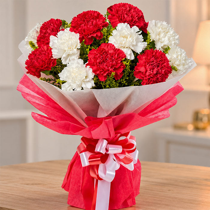 Red & White Carnation Bouquet with Ribbon Wrap