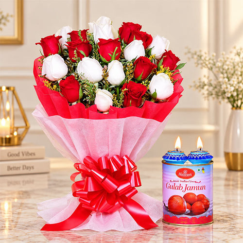 Red & White Roses with 1kg Gulab Jamun and Diyas