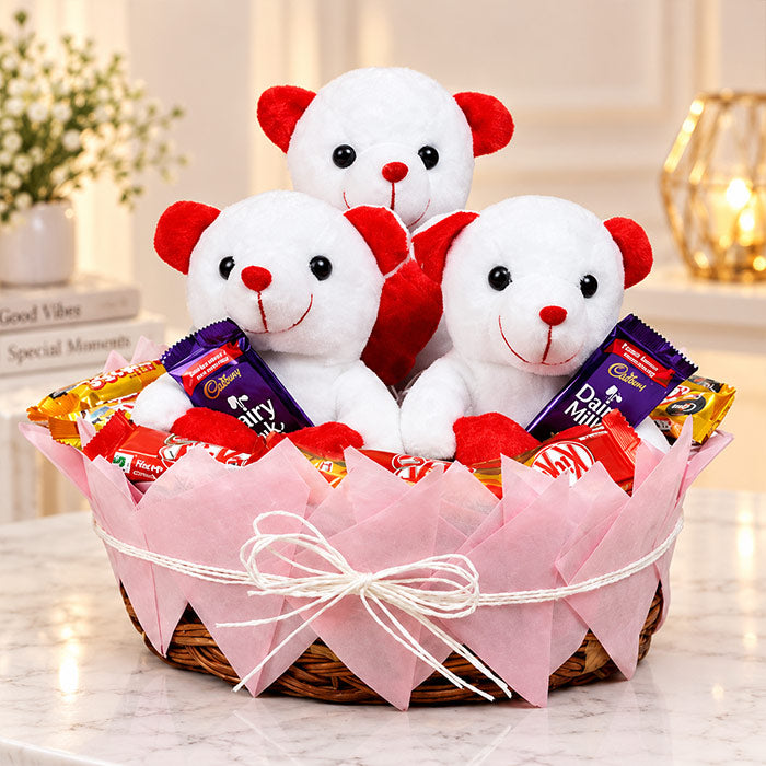 Red & White Teddy Bear Chocolate Basket