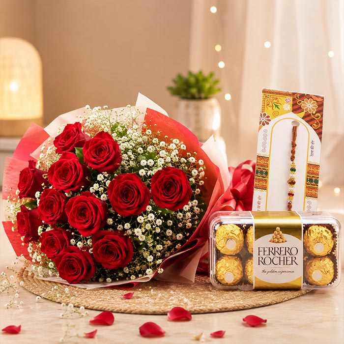 Red roses combo with Ferrero Rocher  Rakhi