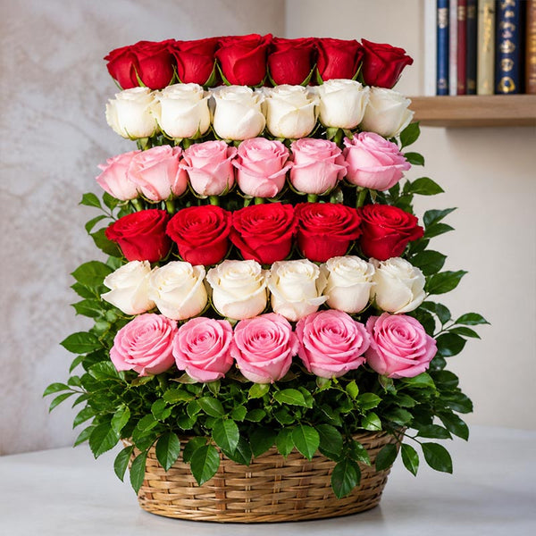 Red, Pink N White Roses Basket