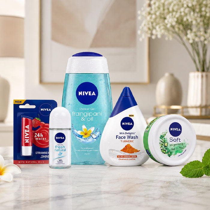 Nivea skincare products on a marble surface with a neutral background