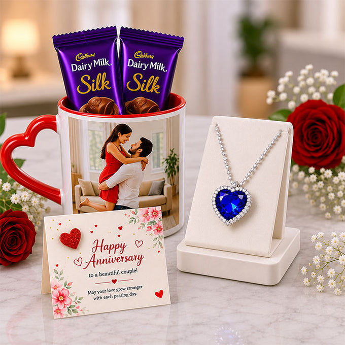 Romantic Anniversary Gift Hamper with Personalized Couple Mug, Silk Chocolates & Blue Heart Necklace - Personalized Gift in GiftsGhaziabad