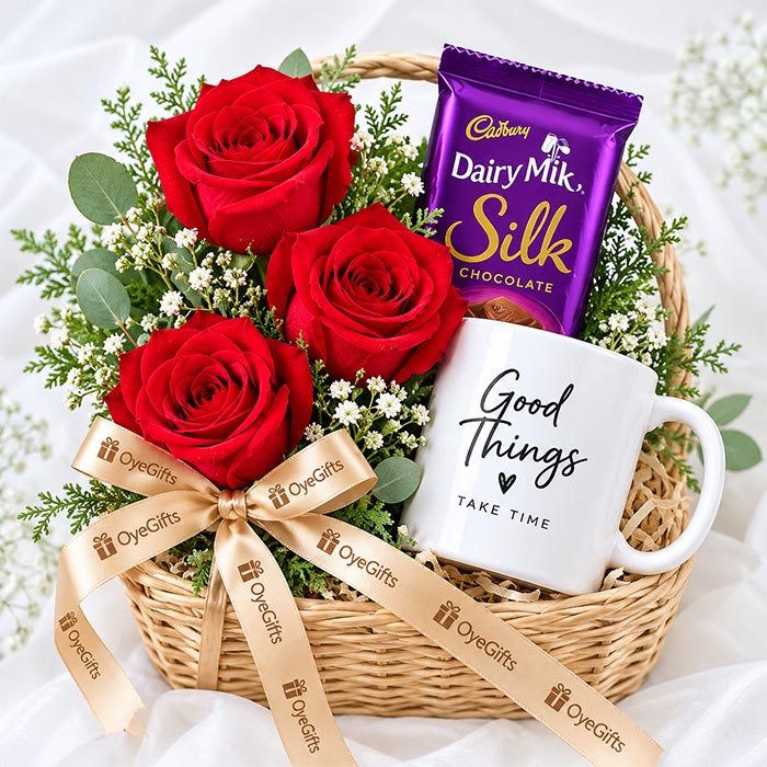 Romantic Red Roses with Dairy Milk Silk Chocolate & Good Things Mug Gift Basket