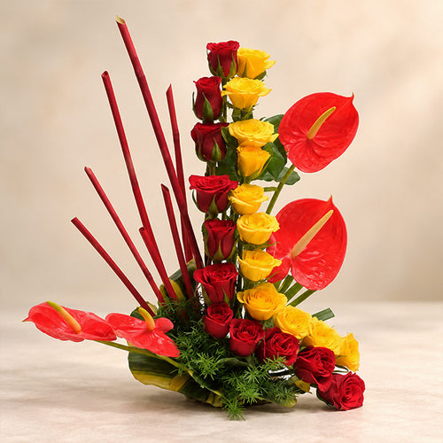 Rose & Anthurium Floral Arrangement with Yellow Roses