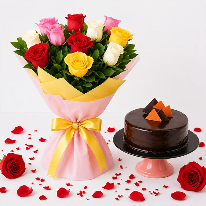Roses Basket With Cake - Flower Delivery in GiftsGhaziabad